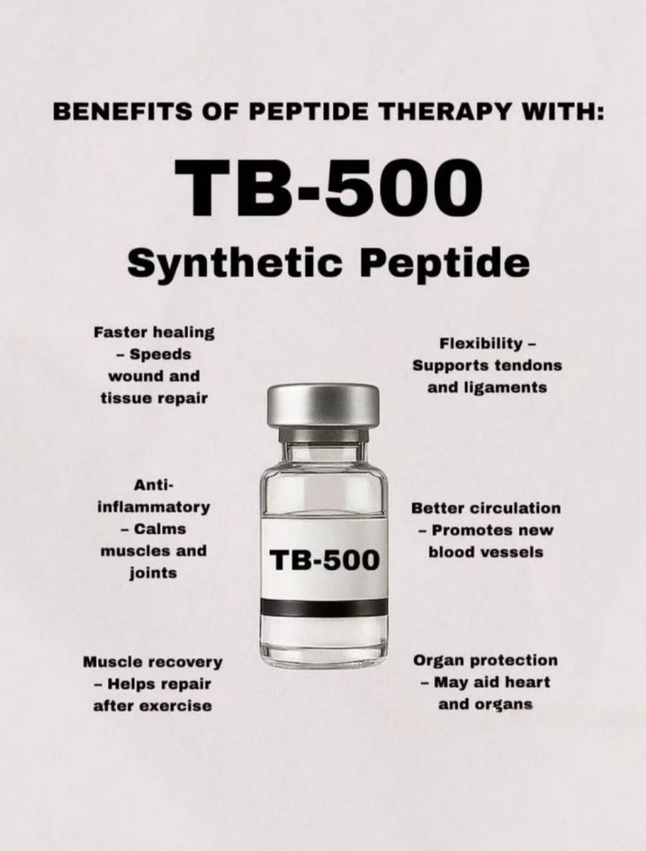 kyle_pine_tree's tweet photo. Recovery science spotlight: TB-500 Synthetic Peptide.
Research observations:
🔹 Tissue support
🔹 Tendon & ligament flexibility
🔹 Healthy circulation
🔹 Post-workout muscle support
🔹 Balanced inflammatory response

Level up your knowledge on peptide research for active lifestyles.💪🧬🧪#FitnessResearch #PeptideTherapyStudy #PerformanceScience