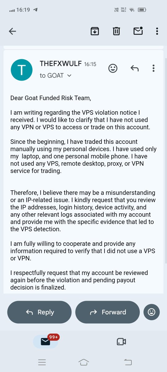 thefxwulf's tweet photo. It’s been 7 days with no response from GFT. I did not violate any VPS rules. Please recheck your system and provide clear proof of the alleged violation. I followed all the rules and earned this account through my time and effort. I want my account back.
@GoatFunded @EdwardXLreal https://t.co/BVj43ecmHd