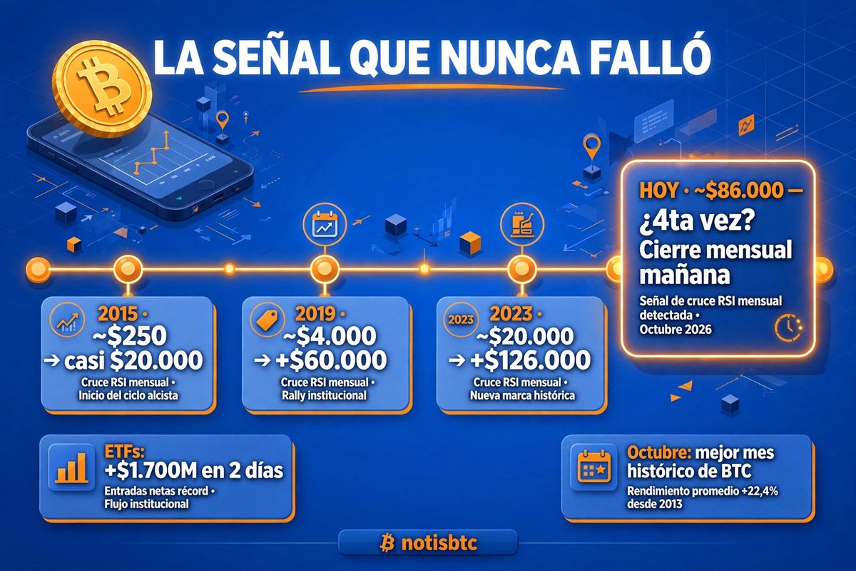 notisbtc's tweet photo. El gráfico mensual de Bitcoin está por activar una señal que solo apareció 3 veces en la historia… y las 3 el precio nunca volvió abajo. $BTC

El RSI mensual cruzando su propio promedio:
▪️ 2015 en ~$250 → dos años después casi $20.000
▪️ 2019 en ~$4.000 → en 2021 pasó los $60.000
▪️ 2023 en ~$20.000 → en 2025 marcó máximo sobre $126.000

Hoy BTC ronda los $86.000 y mañana cierra la vela de septiembre. Si el cruce se confirma, $86.000 pasaría a ser el nuevo piso histórico.

El contexto ayuda: los ETF metieron +$1.700M en dos días y mañana empieza octubre, el mejor mes histórico de Bitcoin.

¿Se cumple la cuarta vez? Te leo 👇

#Bitcoin #BTC #Cripto #NotisBTC