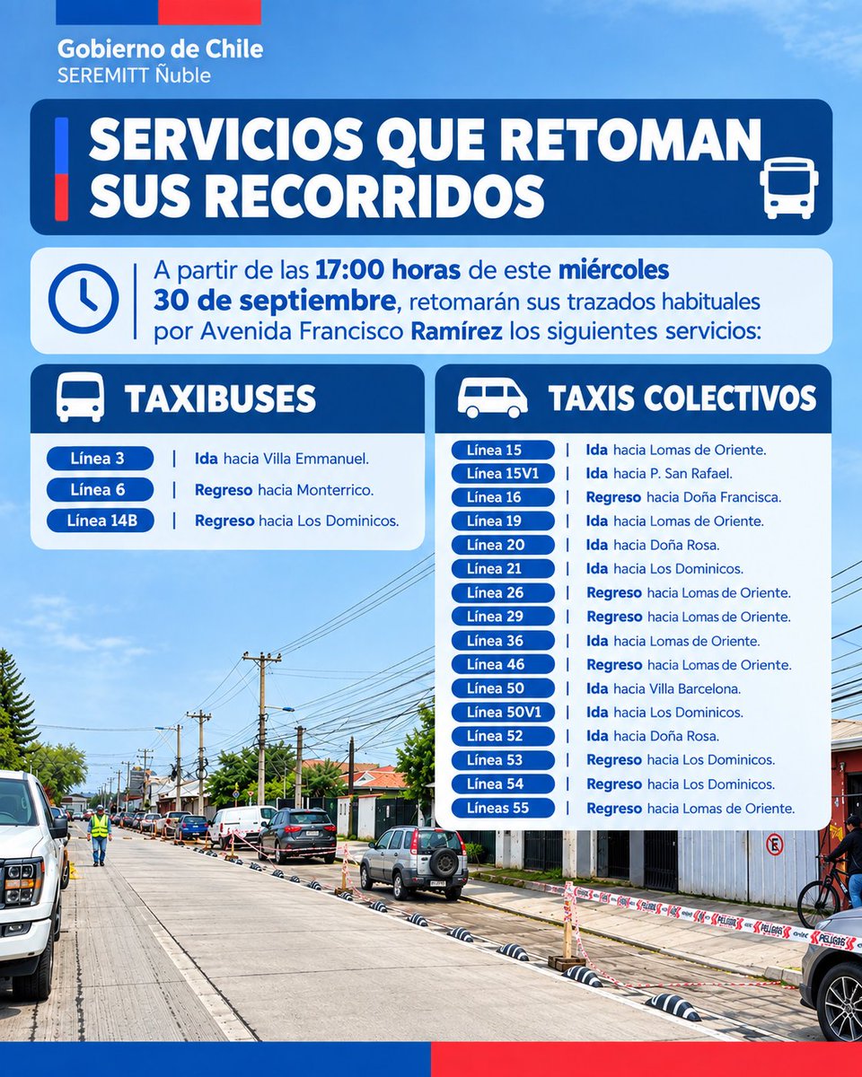 MTTNuble's tweet photo. 📅 Desde este miércoles 30 de septiembre, a las 17:00 horas, servicios de transporte público retomarán sus trazados habituales por Avenida Francisco Ramírez. https://t.co/Z2YMLa6Z6w