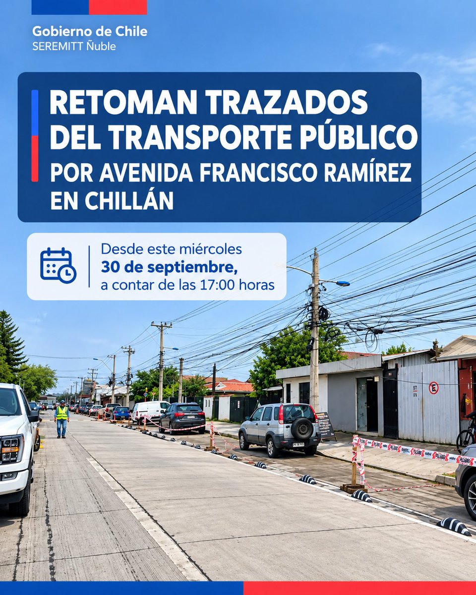 MTTNuble's tweet photo. 📅 Desde este miércoles 30 de septiembre, a las 17:00 horas, servicios de transporte público retomarán sus trazados habituales por Avenida Francisco Ramírez. https://t.co/Z2YMLa6Z6w