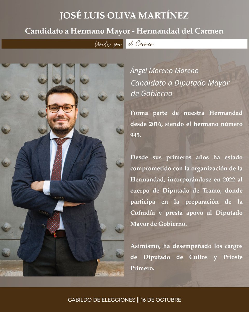 unidoselcarmen's tweet photo. Ángel Moreno Moreno || Candidato a Diputado Mayor de Gobierno

Hermano nº 945, pertenece a nuestra Hermandad desde 2016, formando parte del Cuerpo de Diputados de Tramo.

Ha desempeñado los cargos de Diputado de Cultos y Prioste Primero.

#UnidosporelCarmen https://t.co/WTzgdvyxXX