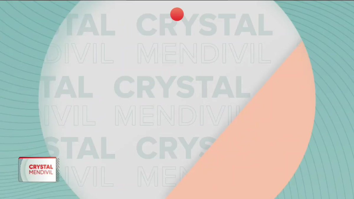 A teal and peach circular graphic displaying the repeated text "CRYSTAL MENDIVIL" in a watermark pattern, with a small "CRYSTAL MENDIVIL" logo in the bottom left corner and a red dot accent at the top, serving as a promotional teaser for a news segment appearance on Imagen Noticias with Crystal Mendivil.