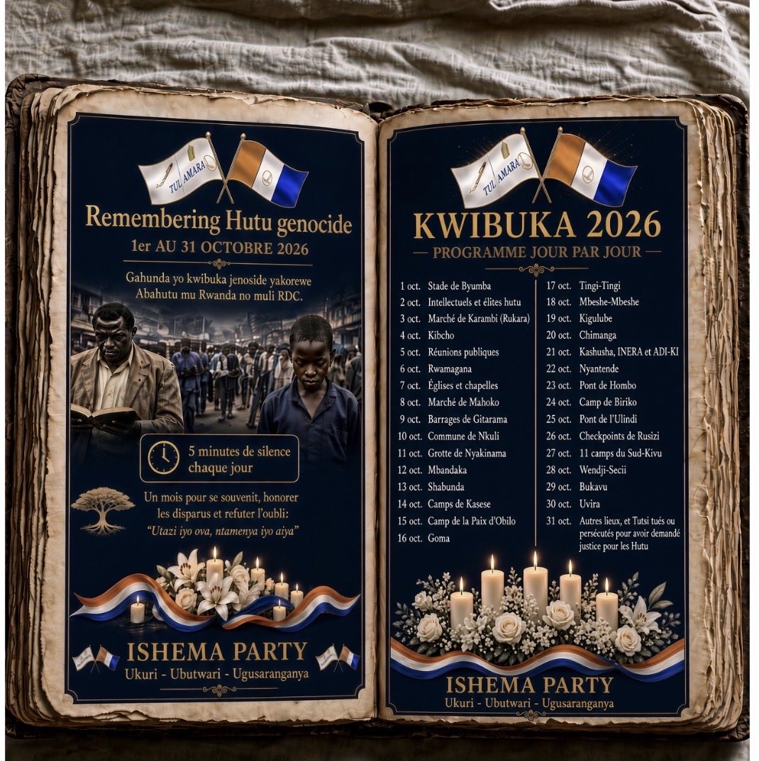 NKasinge's tweet photo. 🚨🚨🚨 #Kwibuka2026 Ukwakira (10) ni ukwezi kwahariwe #kwibuka ubwicanyi bwibasiye ubwoko bw #Abahutu kuva tariki ya 1 Ukwakira 1990 kugeza uyu munsi bugikomeza.
✅Mu munsi #31, umunsi k’uwundi, tuzibuka hamwe mu hantu habereye ubwicanyi bukomeye mu #Rwanda no muri Repuburika ya Demokarasi ya Conge, #RDC ,bwibasiye muburyo bukomeye ubwoko bw abahutu.
✅ubwo bwicanyi butegurwa kandi bukomeye gushyirwa mu bikorwa n umuryango wa @rpfinkotanyi binyuze mw ishani ryayo ry abarwanyi ba #APR
Ubu babarizwa muri @RDF ou @RwandaMoD2.
Iyu muhango uko rwa buri mwaka kuva mu mwaka 2022 ugamije:
▶️kuzirikana izo nzirakarengane zikomeje kuzira uko zavutse no gusigasira ubumuntu mu karere kacu.
▶️ Kunamira no gusubiza agaciro ikiremwa muntu hagamijwe kurwanya ubunyamaswa mu bantu.
▶️Gusigasira #Amateka ashingiye k’ ukuri kw ibyabaye no kurwanya umuco wo Kudahana.
@RwandaParliamnt @Unity_MemoryRw @PaulKagame
@UNOSAPG @UN
@hrw
@PrimatureRwanda @rbarwanda @RDBrwanda @Rwandapolice @Rwanda_Edu @bbcgahuza @MappingReport
@UNGeneva