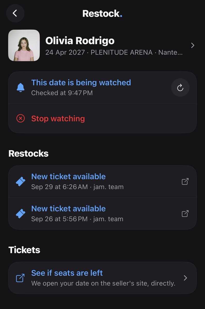 p1iece's tweet photo. @Matholys J'ai activé tous les horaires et les notifications de concerts, mais je n'ai pas reçu de notification ce matin pour Olivia? Je viens d'ouvrir l'application et elle a dit qu'il y avait un réapprovisionnement à 6 heures du matin, mais je n'ai pas reçu de notification... 😭 https://t.co/IzeGxvmNAM