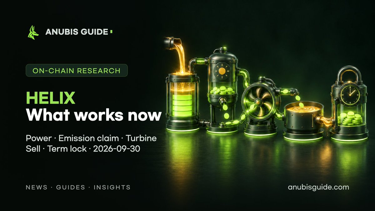Anubis_Guide's tweet photo. ⚙️ HELIX — what actually works right now

On-chain check of every HELIX module (Anubis Chain 6714, Sep 29 13:40 UTC):

✅ Power participation — join with DAI; the DAI goes to the Protocol Reserve (6,300+ txs)
✅ Emission claim — your daily AiLGNS emission moves into the Turbine (~2,900 claims)
✅ Turbine activation — buys the same amount of AiLGNS with your DAI from the main pool, 2.5% fee, bought part locked 24h (2,600+ activations)
✅ Sell — AiLGNS → DAI via the HELIX router into the main pool, 3% fee (~70 sells)
✅ Term lock — lock AiLGNS for veAiLGNS voting power (~80 locks; permanent locks cannot be undone)
✅ Transfers between wallets

Turbine activation needs DAI equal to the emission you activate.
Got random AiLGNS from an unknown wallet? Don't interact with it, and don't approve anything.

Full breakdown 👉 https://t.co/uLlK9gMXWK
Public data, not investment advice.