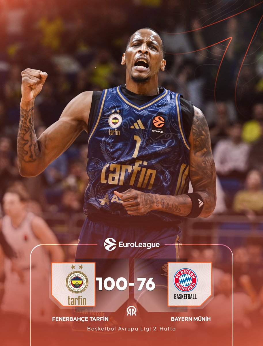 aa_spor's tweet photo. 🏀 Avrupa Ligi'nin ikinci haftasında Fenerbahçe Tarfin, sahasında Bayern Münih'i 100-76 yenerek 2'de 2 yaptı. https://t.co/jICICPEBj6