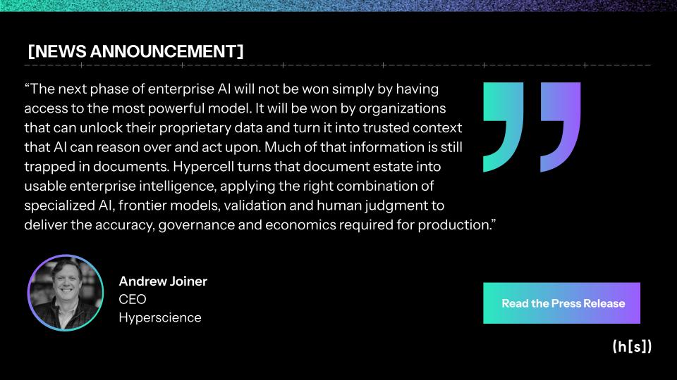 HyperscienceAI's tweet photo. Enterprise AI is moving from demos to real-world workflows &amp; agents. But valuable data is still trapped in complex documents. Today, we’re advancing Hypercell to unlock that data as AI-ready information with greater control. Full news here: https://t.co/KmcBIvDgRg https://t.co/45Ly04wFYi