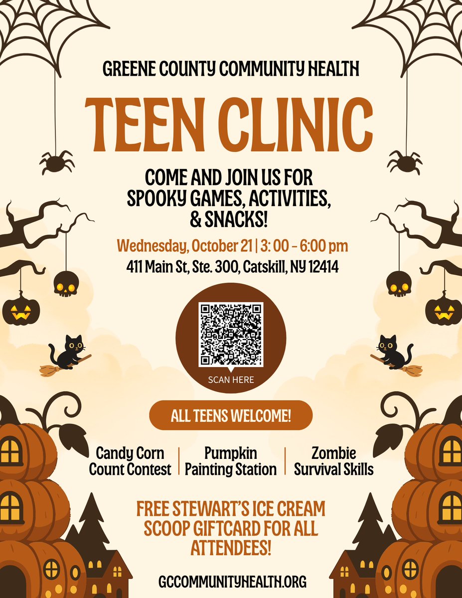 GreeneNYHealth's tweet photo. Join us for our Spooktacular Teen Clinic, Wednesday, October 21st from 3:00 - 6:00pm.  Free food, prizes, and gift cards for all those who attend! https://t.co/WWjGoMmVQL
