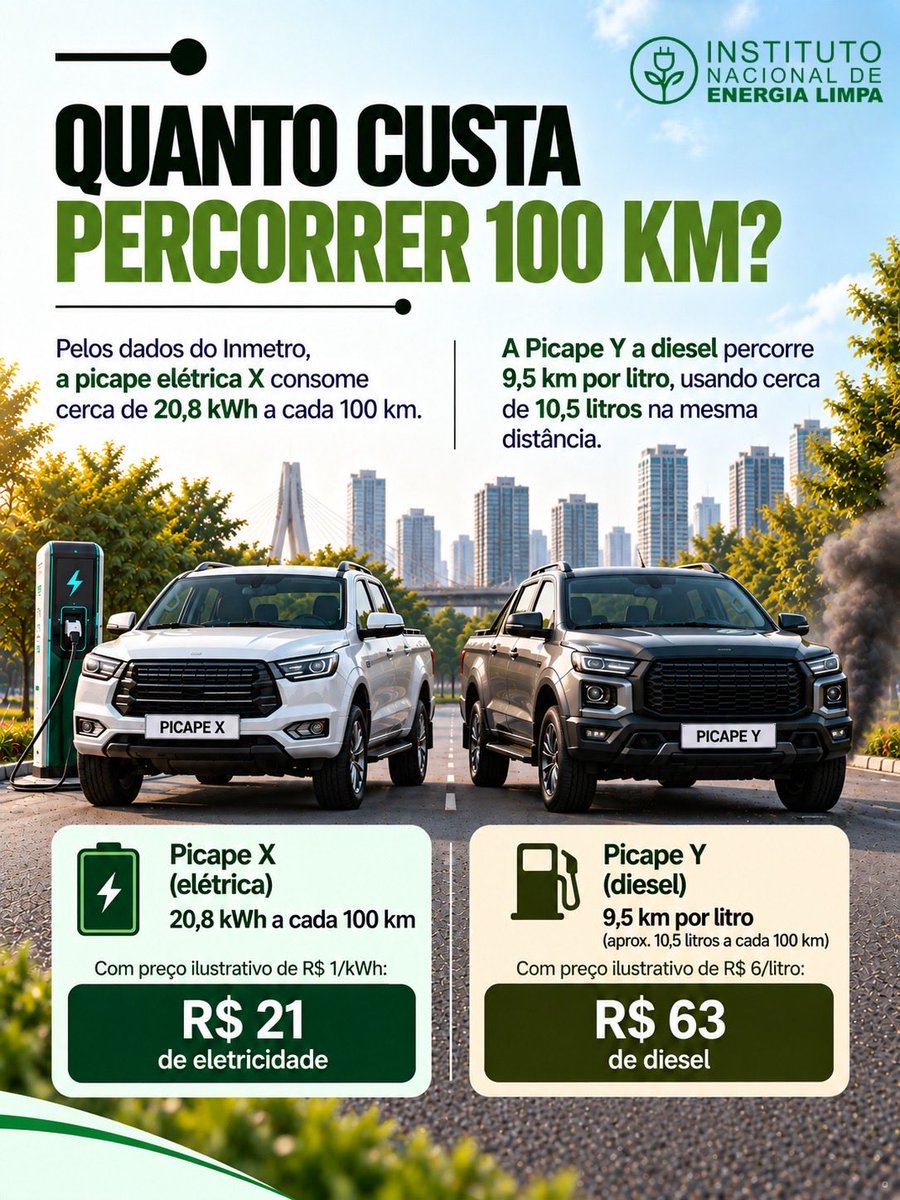 inelbrasil's tweet photo. 🚗⚡ O Brasil chegou à marca de 1 milhão de veículos leves eletrificados. O número reúne carros 100% elétricos e diferentes tipos de híbridos e mostra como essa tecnologia vem ganhando espaço nas ruas.

Mas o que muda na prática? Em uma comparação com duas picapes da tabela do Inmetro, a elétrica consome cerca de 20,8 kWh para percorrer 100 km. A picape a diesel usa cerca de 10,5 litros na mesma distância.

Se a eletricidade custar R$ 1/kWh e o diesel, R$ 6/litro, isso representa aproximadamente R$ 21 contra R$ 63 por 100 km. São preços ilustrativos: o gasto real depende da tarifa, do combustível e das condições de uso.

A diferença também aparece no escapamento. Segundo a tabela do Inmetro, a picape elétrica registra zero emissão de CO₂ pelo escapamento, enquanto a versão a diesel usada no exemplo registra 22,6 kg a cada 100 km. A produção da eletricidade e a fabricação dos veículos também geram emissões e não entram nessa medida.

A eletromobilidade avança. Ampliar o acesso à recarga e à energia limpa ajuda a levar seus benefícios a mais pessoas.

🌱☀️