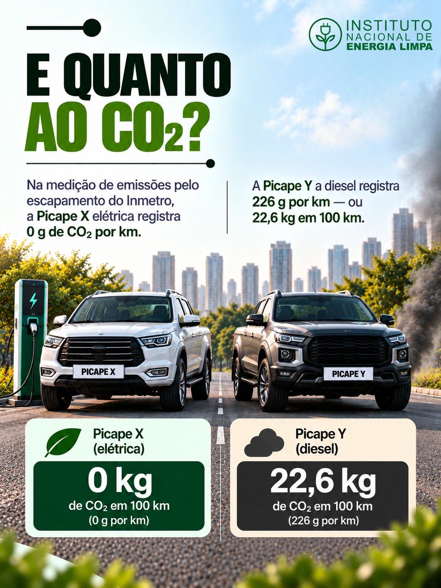 inelbrasil's tweet photo. 🚗⚡ O Brasil chegou à marca de 1 milhão de veículos leves eletrificados. O número reúne carros 100% elétricos e diferentes tipos de híbridos e mostra como essa tecnologia vem ganhando espaço nas ruas.

Mas o que muda na prática? Em uma comparação com duas picapes da tabela do Inmetro, a elétrica consome cerca de 20,8 kWh para percorrer 100 km. A picape a diesel usa cerca de 10,5 litros na mesma distância.

Se a eletricidade custar R$ 1/kWh e o diesel, R$ 6/litro, isso representa aproximadamente R$ 21 contra R$ 63 por 100 km. São preços ilustrativos: o gasto real depende da tarifa, do combustível e das condições de uso.

A diferença também aparece no escapamento. Segundo a tabela do Inmetro, a picape elétrica registra zero emissão de CO₂ pelo escapamento, enquanto a versão a diesel usada no exemplo registra 22,6 kg a cada 100 km. A produção da eletricidade e a fabricação dos veículos também geram emissões e não entram nessa medida.

A eletromobilidade avança. Ampliar o acesso à recarga e à energia limpa ajuda a levar seus benefícios a mais pessoas.

🌱☀️