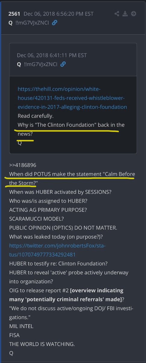 Back4TheStorm's tweet photo. 💥Clinton Foundation back in news

Q2561 CF back in news
👉Q: When was HUBER activated by SESSIONS?  A: 1⃣1⃣.2⃣2⃣.17

👉Q:  When did POTUS make the statement "Calm Before the Storm?  A: 10.5.17=MON Delta

Q1⃣1⃣2⃣2⃣
Sessions/Huber &amp; MON=3⃣1⃣0⃣0⃣d since delta

Q3⃣1⃣0⃣0⃣=PODESTA https://t.co/aXu22RaZKH