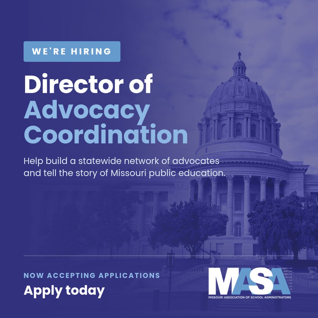 MASALeaders's tweet photo. 📢 Join Team MASA!

We're hiring a Director of Advocacy Coordination to help build a stronger voice for Missouri public schools through advocacy, relationships, and leadership.

Learn more &amp; apply: https://t.co/05XhlPxwEX

#MASALeads https://t.co/q7awycpmS3