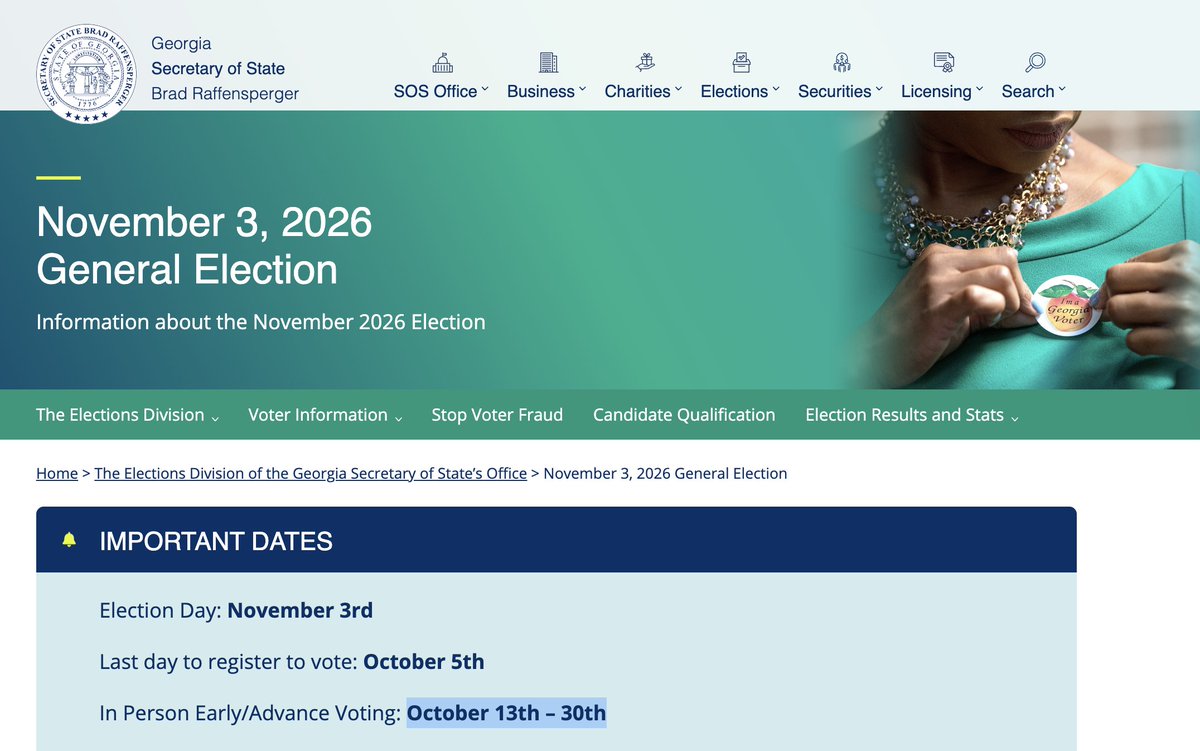 TabithaTalkz's tweet photo. Georgia... Mark your calendars!

Last day to register: October 5th
Early Voting: October 13th - 30th
Election/Voting Day - November 3, 2026 https://t.co/RRHrqNqVh1