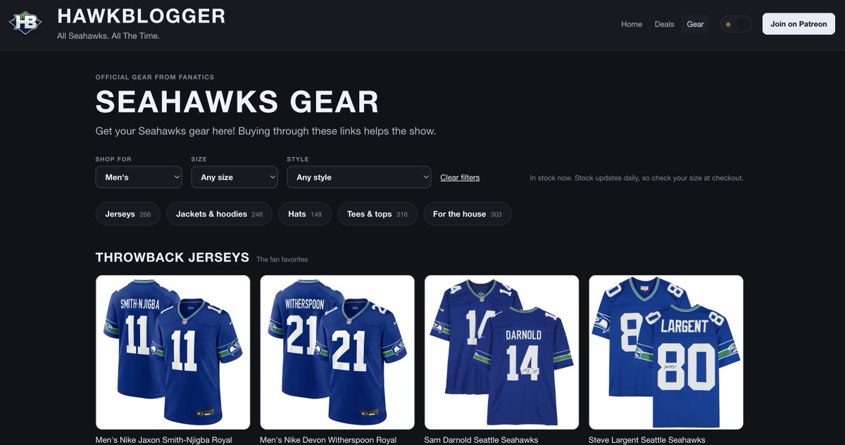 hawkblogger's tweet photo. Shopping for Seahawks gear is kind of annoying. I always have to dig for what I want. 

So I built something.

This page actually knows which players are new (rookies, free agents, etc.). It knows which players are playing well (tied directly into performance data). 

It makes it easy to shop by player across categories. 

I think it surfaces some cool stuff. Hope it helps! Pass it around please.

https://t.co/kGhtXYLZ6h