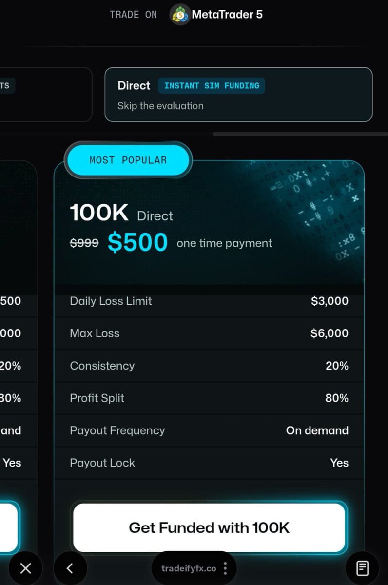 RoguePips_'s tweet photo. 🔥 TRADEIFY FX — 50% OFF ALL ACCOUNTS 🔥
Whether you want to skip the evaluation or take the traditional route, Tradeify FX has you covered. 👀

⚡ DIRECT FUNDING
Skip the evaluation and go straight to trading.

🎯 1 and 2-STEP EVALUATION
Prefer to prove yourself through an evaluation? Their 1 and  2-Step model is also available.

And with my code ROGUE, you get 50% OFF:
💰 $5K Account → $27.50
💰 $100K Account → $500
Plus:
✅ MetaTrader 5
✅ Up to $100K funding
✅ 80% profit split
✅ On-demand payouts
✅ Payout lock
✅ 20% consistency requirement on the Direct model

50% OFF. Multiple account options. One code.

🎟️ USE CODE: ROGUE
If you're serious about getting funded, check out Tradeify FX and choose the model that fits your trading style. 📈⚡
