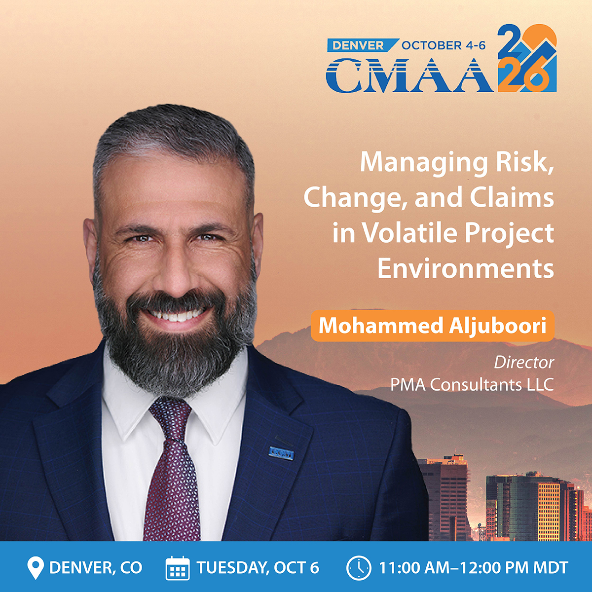 PMAConsultants's tweet photo. PMA Director Mohammed Aljuboori, CCM, PMP, MCPPO, will lead an owner-focused presentation at CMAA2026 where he will provide practical tools and proven strategies to address uncertainty, improve documentation, and support defensible project decisions. Join us there! #CMAA2026 https://t.co/EUo1Q1AbCH