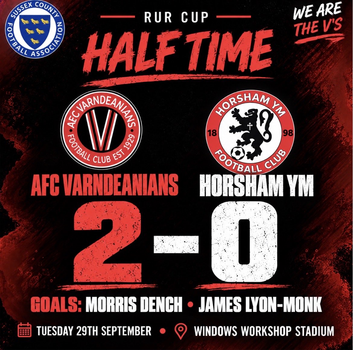 AFCVarndean's tweet photo. Half Time

AFC Varndeanians 2 - 0 Horsham YM

Greta first half for V’s, totally dominated game, playing some quality quick football, created enough chances to go in further ahead but we’ll take two goals. ⚽️⚽️ 

Goalscorers Morris Dench and James Lyon Monk

⚫️🔴 https://t.co/wu43FOaeTY