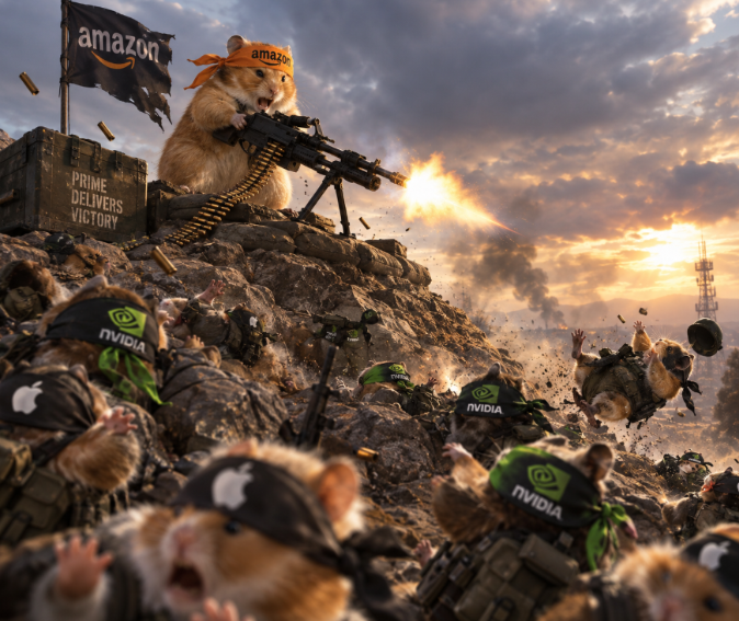 A satirical AI-generated battle scene showing a hamster wearing an "amazon" bandana firing a machine gun from a bunker labeled "PRIME DELIVERS VICTORY," while opposing hamsters wearing Apple and NVIDIA helmets fight amid explosions.