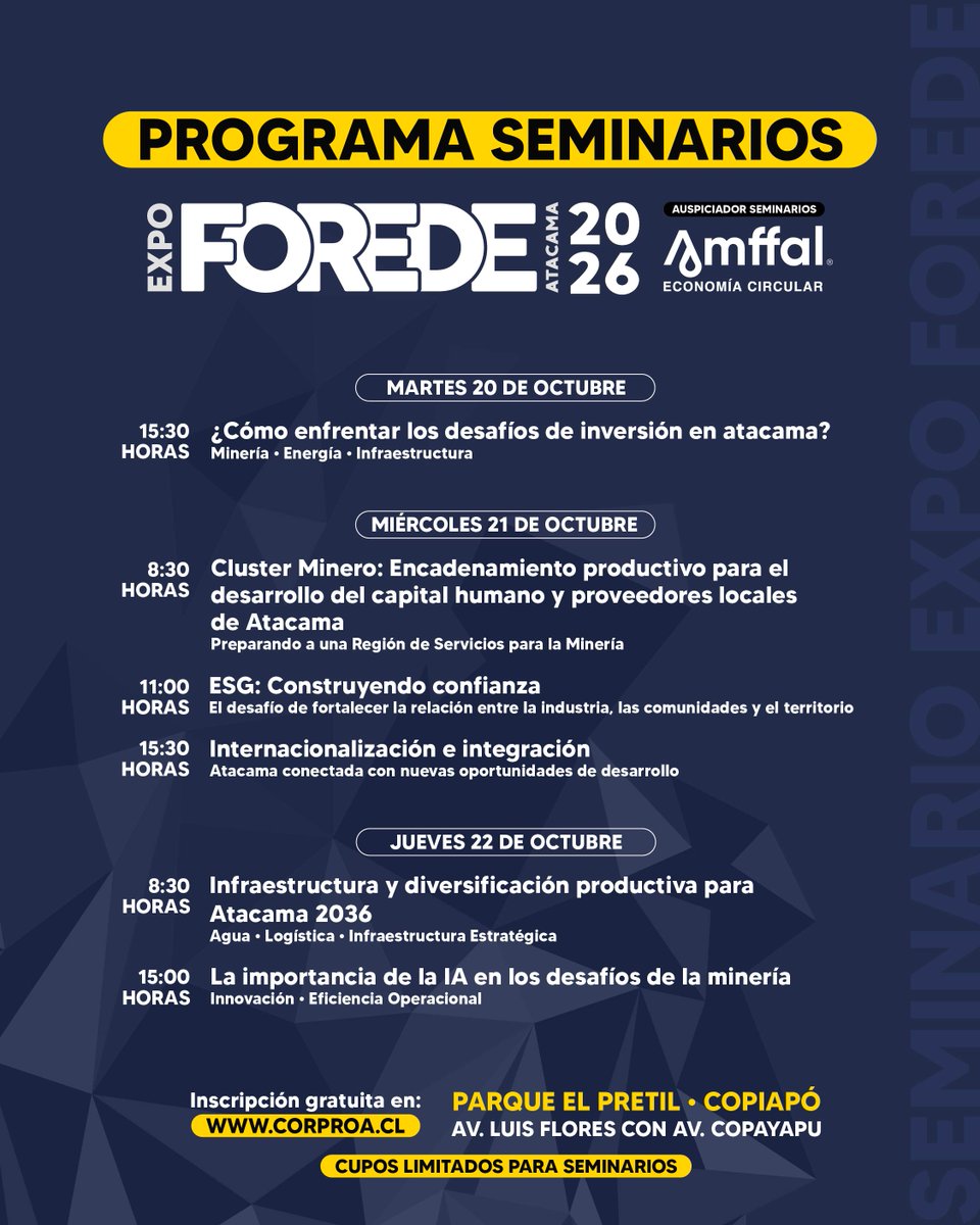 CORPROA's tweet photo. ¡Inscríbete en los Seminarios de EXPO FOREDE 2026!

Inscripción gratuita en https://t.co/lgiI5li7kY 

Sé parte del encuentro de negocios más importante de  #Atacama - EXPO #FOREDE 2026 - este 20, 21 y 22 de octubre en Parque El Pretil, #Copiapó.

¡Cupos limitados para seminarios! https://t.co/G2wyhqyIsq
