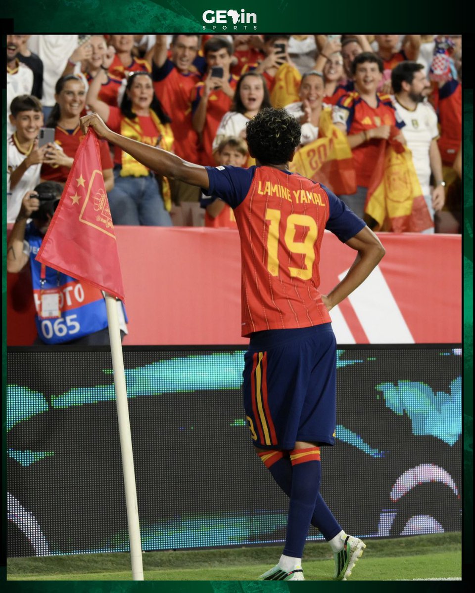 _GETinSports's tweet photo. 🇪🇸 Lamine Yamal now has 17 G/A in 10 games for club and country.

Thierry Henry-style celebration for his second goal in two games with Spain in this international break. ⛳️ 🕺🏾

…and also an assist for Atletico’s Marc Pubill's goal tonight. 🅰️ 
#NationsLeague #EURO https://t.co/c3wit4fzIW