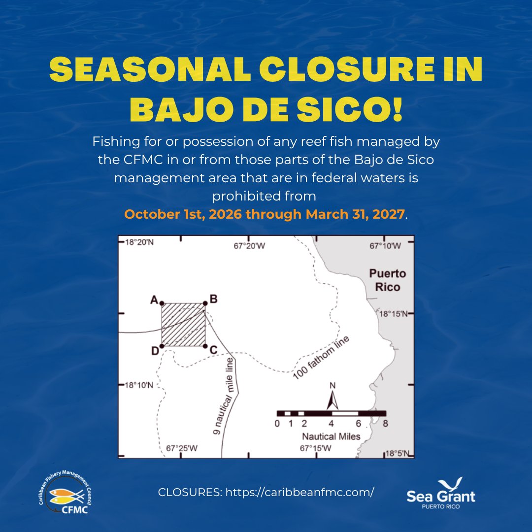 FisheryCouncil's tweet photo. 𝐒𝐄𝐀𝐒𝐎𝐍𝐀𝐋 𝐂𝐋𝐎𝐒𝐔𝐑𝐄 𝐑𝐄𝐌𝐈𝐍𝐃𝐄𝐑!
The following closures will begin in October 1st, 2026:

🟦Seasonal Prohibition on Fishing for or Possessing Blackfin, Vermilion, Black, and Silk Snapper in U.S. Caribbean Federal Waters, and

🟦Seasonal Prohibition on Fishing for or Possessing Caribbean Council-Managed Reef Fish in Federal Waters of the Bajo de Sico Management Area

See the images in this posts and visit https://t.co/8RMS1SWgtM and https://t.co/732hOljeqN