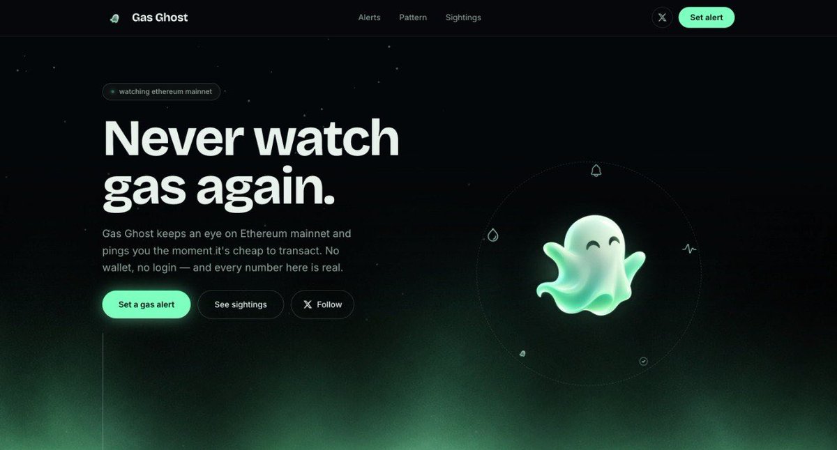 gas_ghostgwei's tweet photo. Stop refreshing a gas tracker hoping for a good number. Gas Ghost watches for you.
Set your threshold, get pinged the second real gwei drops below it.

https://t.co/CN9A0eM4is https://t.co/PHsPN882gN