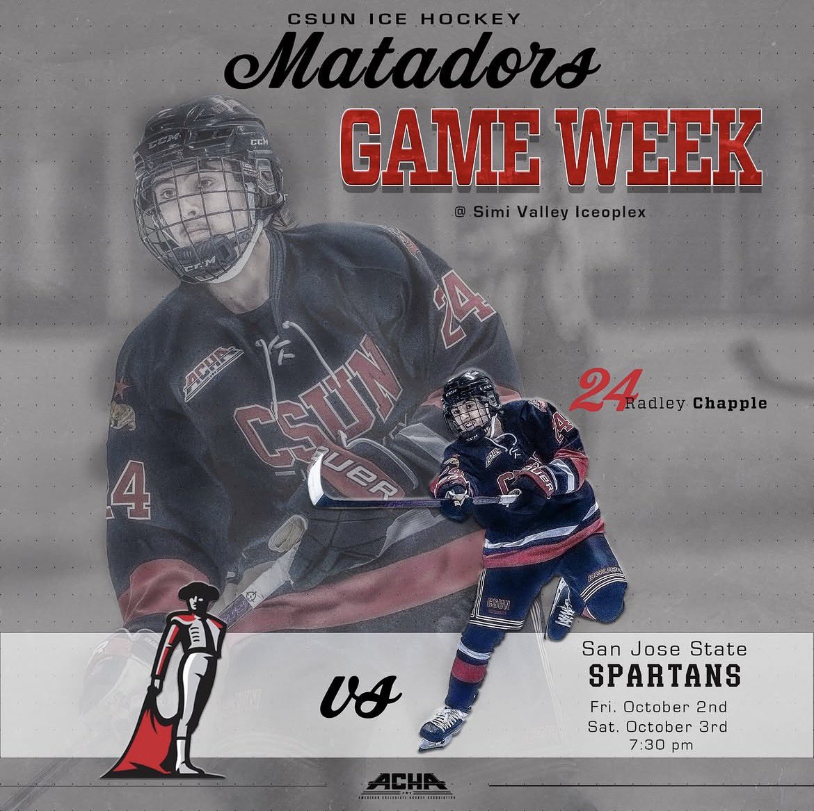 CSUNIceHockey's tweet photo. Comes see your CSUN Matadors take on the San Jose Spartans this week!
πππ
π San Jose St.
ποΈ 10/2 & 10/3
β°7:30PM
πLA Kings Iceoplex
#csunicehockey #matadorpride #theredcapesarecoming https://t.co/v78MPNhGpA