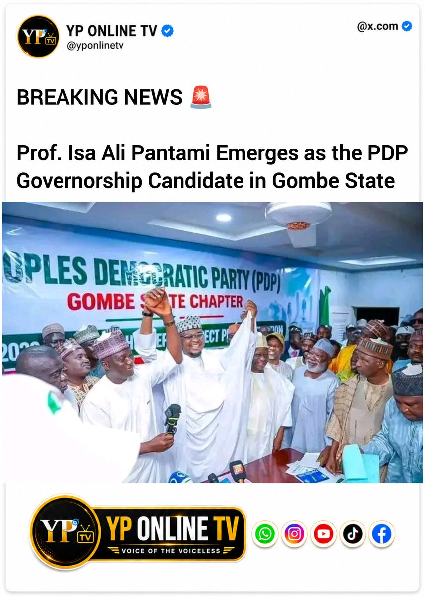 YPonlineTV's tweet photo. Prof. Isa Ali Pantami Emerges as the PDP Governorship Candidate in Gombe State

Professor Isa Ali Ibrahim Pantami has won the Peoples Democratic Party (PDP) governorship primary election in Gombe State ahead of the 2027 governorship election. https://t.co/cbW08wXkMT