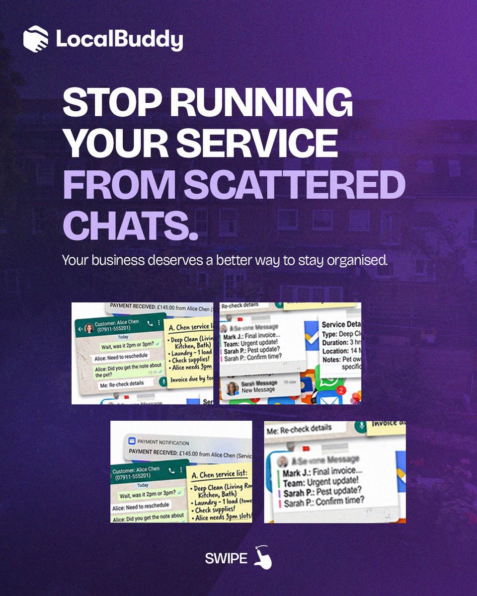 Localbuddyy's tweet photo. Still managing your business across scattered chats? 😵‍💫

LocalBuddy puts your services, bookings, profile &amp; payments in one place.

Less back-and-forth. Less admin. More business. 💜

#Freelancing #BusinessGrowth https://t.co/oEfTlBJHWq
