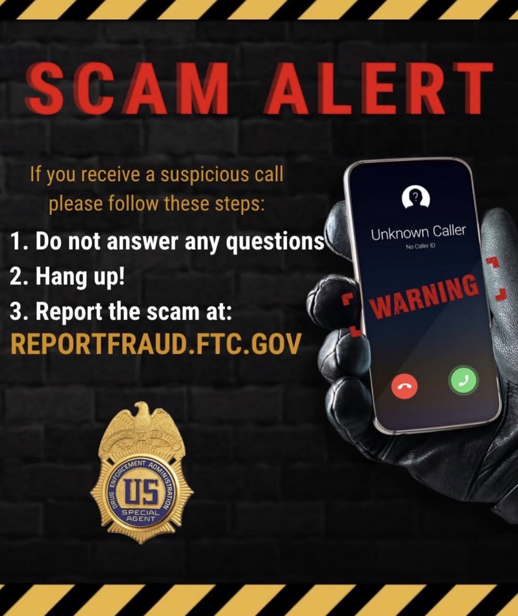 DEAATLANTADiv's tweet photo. SCAM ALERT! Fraudulent calls from people posing as DEA agents are still happening. If someone calls posing as DEA agents are still happening. If someone calls demanding money or personal information and threatens legal action, that's not us. The DEA will never contact you for payment or personal information. Stay alert, stay safe: https://t.co/Ha5hn2DB35
@TheJusticeDept @DEAHQ

#scam #DEA #Atlanta #PublicSafety