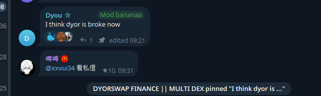 Just_B00m's tweet photo. 🚨 #DYORSWAP — WHAT’S GOING ON?

I’m hearing that DYOR Swap could be completely broke after the recent hack.
A mod in the official Telegram literally said:

“I think dyor is broke now.”

I’ll attach the screenshot so everyone can read it themselves. But this raises a much bigger question…
Are they actually broke after the hack, or could DYOR somehow be connected to what happened?

Nothing confirmed yet. Just putting the info out there.

DYOR. 👀