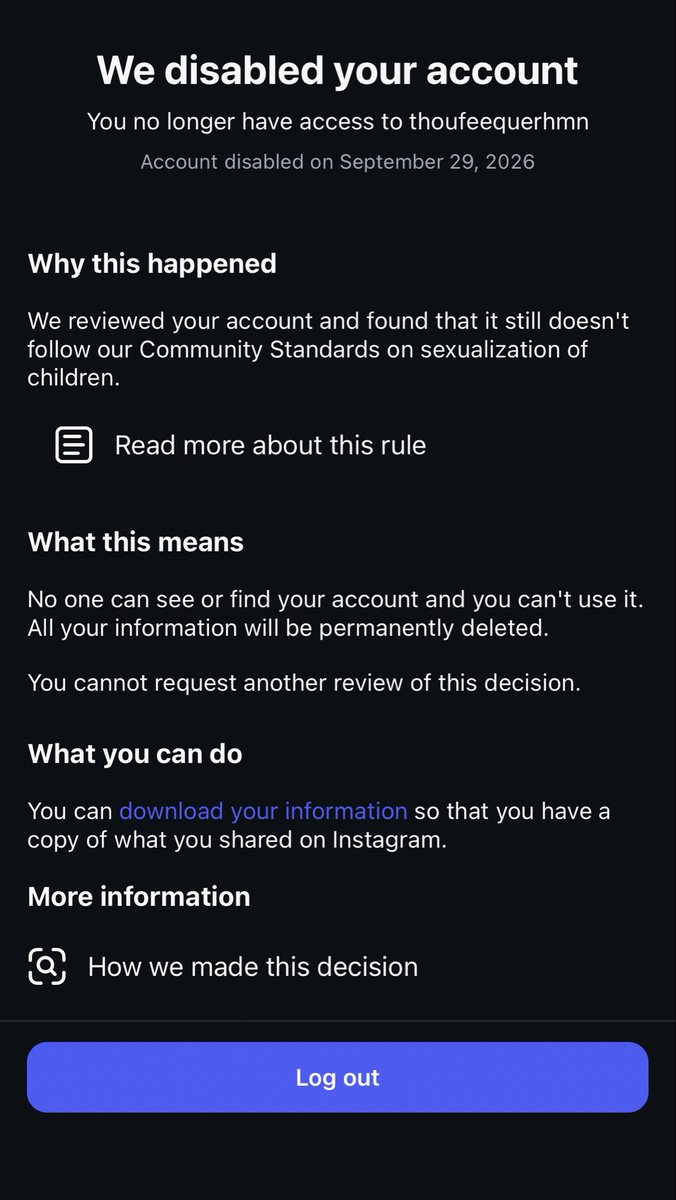 hrpthoufeeque's tweet photo. Why?
@instagram 

I did not work against the Community guidance . I am not satisfied that my account was removed without reason; I want my account back.
#whyinstagram https://t.co/TxCfO4OYgj