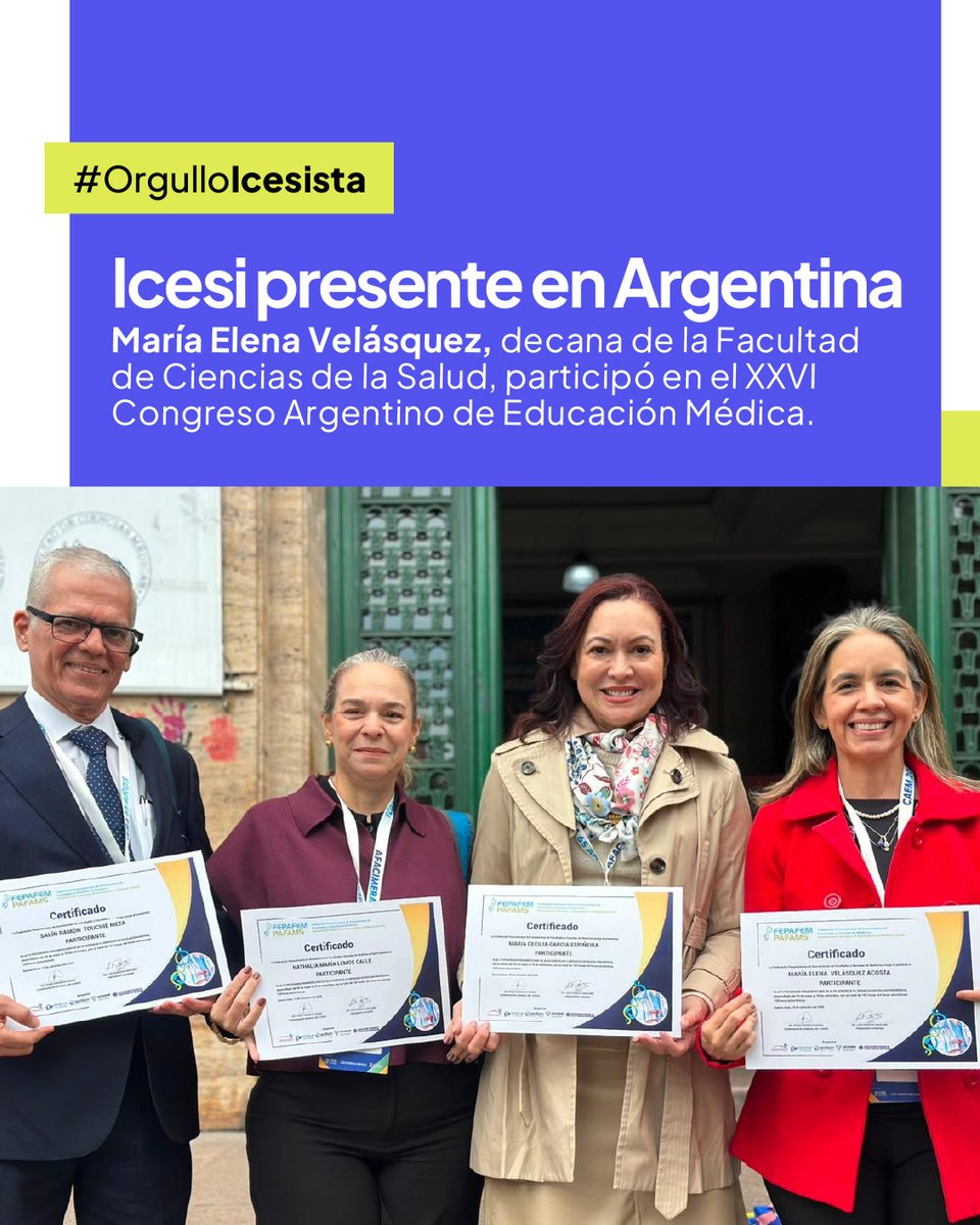 icesi's tweet photo. Icesi presente en Argentina

La Universidad Icesi continúa llevando su talento y conocimiento a nuevos escenarios internacionales. 🌎

María Elena Velásquez, decana de la Facultad de Ciencias de la Salud, participó en el XXVI Congreso Argentino de Educación Médica, un espacio para compartir experiencias, reconocer retos comunes y fortalecer conexiones con líderes e instituciones de México, Perú, Chile, Argentina y Colombia.

🧠 De los datos a las decisiones

Durante el encuentro, la decana presentó su trabajo final “Sistema de Inteligencia Académica para la toma de decisiones en educación médica”, una propuesta que refleja el compromiso de Icesi con la innovación y la transformación de la educación médica.

“Fue una muy buena oportunidad para aprender de expertos y compartir experiencias con colegas de distintos países de Latinoamérica.”

Estos espacios permiten visibilizar el talento de Icesi, generar nuevas conexiones y fortalecer su participación en una comunidad latinoamericana comprometida con transformar y mejorar la educación médica.

🌎 Porque el conocimiento conecta, transforma y nos permite llegar más lejos.

#OrgulloIcesista #IcesiInternacional #FacultadDeCienciasDeLaSalud #LlegaMásLejos