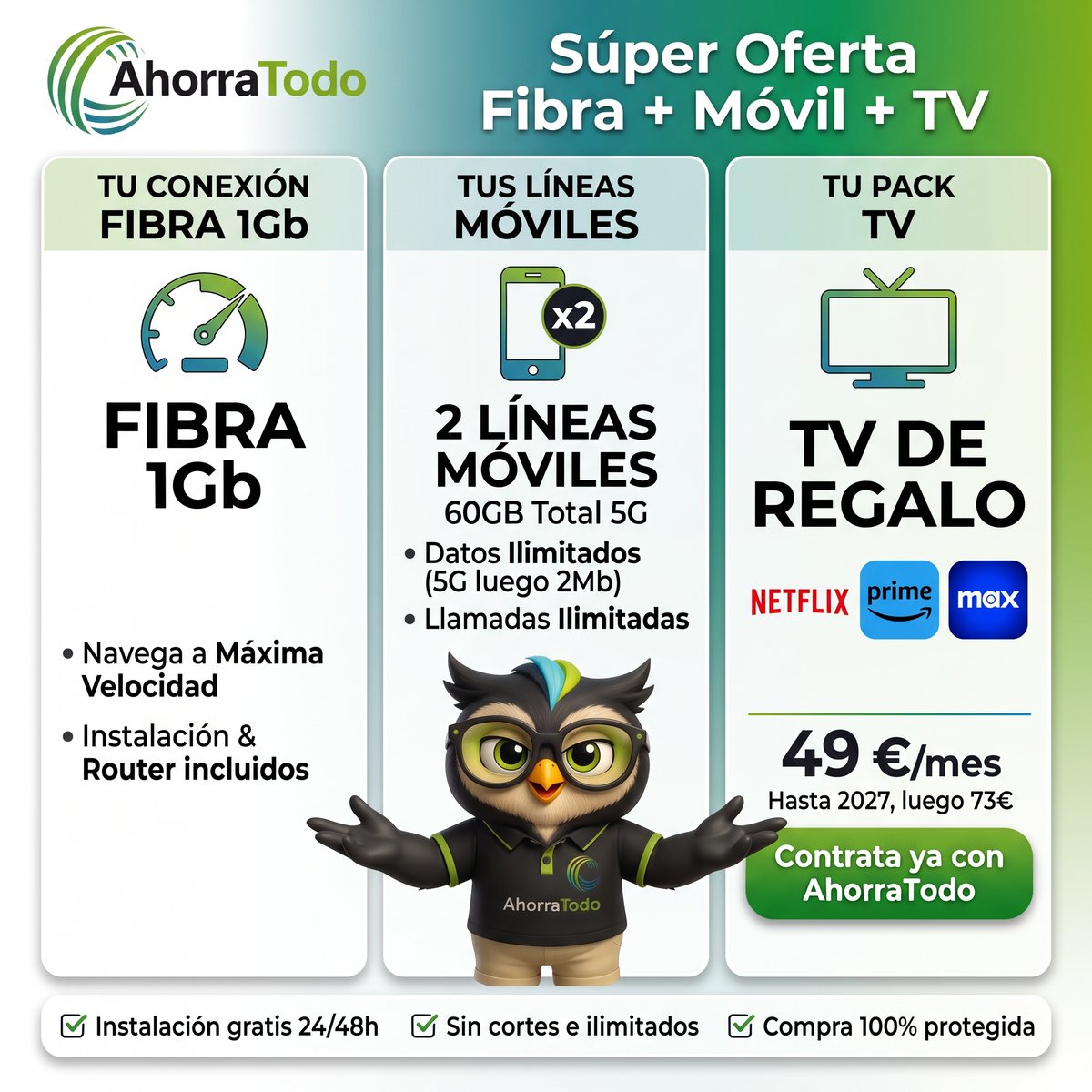 Ahorratodo's tweet photo. 🚨 OFERTA SECRETA 🚨 No podemos decir el nombre del operador, pero mira lo que te instalamos gratis en 24/48h:
✅ Fibra 1Gb✅ 2 líneas móviles (60GB)✅ TV con Netflix y +100 canales✅ Router WiFi 6
Solo 49€/mes bloqueado hasta 2027.
Mándanos un MD o WhatsApp al 661205925 https://t.co/x2E2N5mPmz
