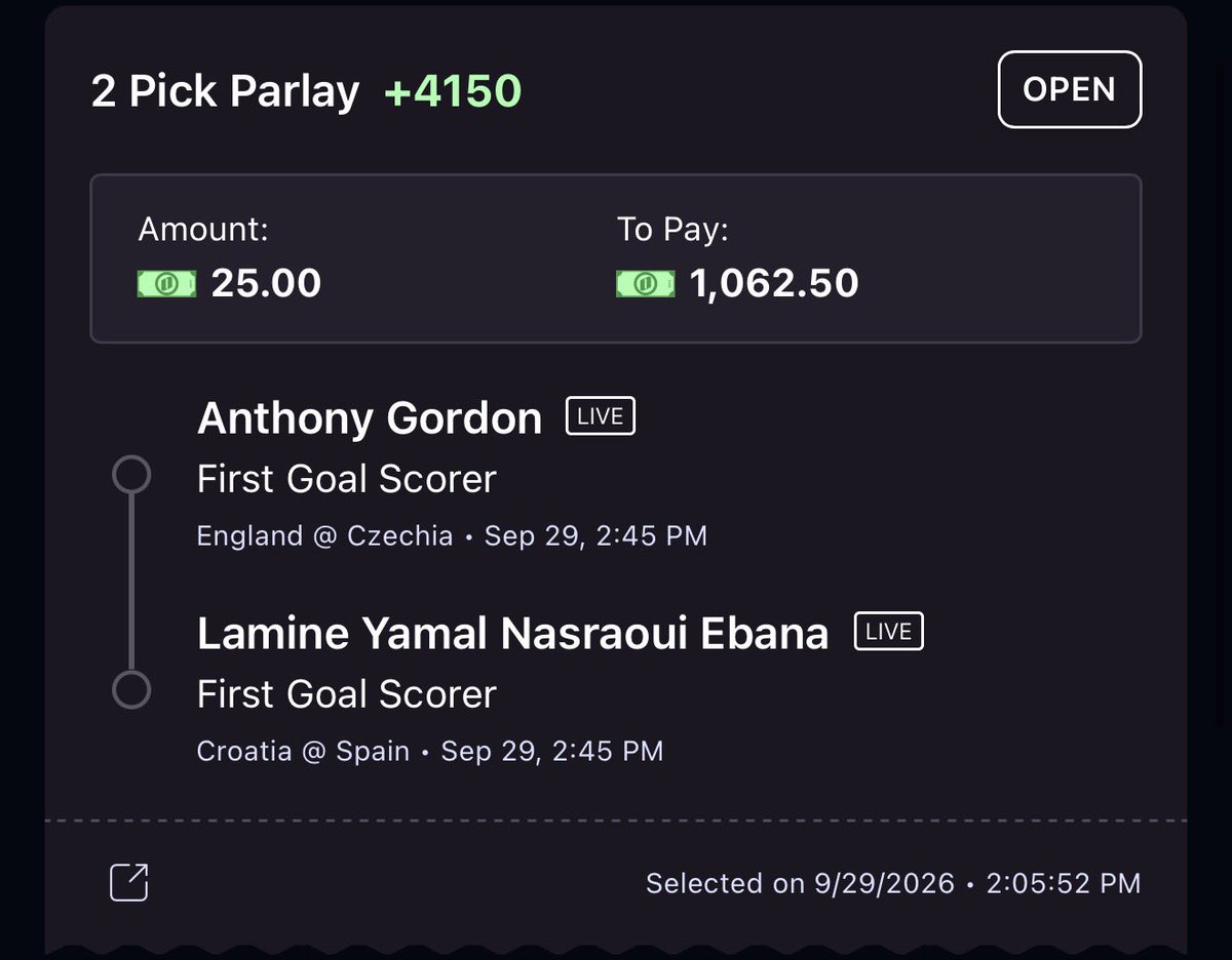 BaneSquad_'s tweet photo. I just turned $25 into $1,000 on Winible with a +4150 parlay 🥹🫴🏽💰

Yamal ✅
Gordon✅

Incoming $100 giveaway ‼️‼️

If you’re in my Winible, CASH the 1st Goal Scorer Parlay! Waiting for it to green out 

Join my Winible here ⬇️

https://t.co/zGH34sk4wl https://t.co/jtUA7vbtGV