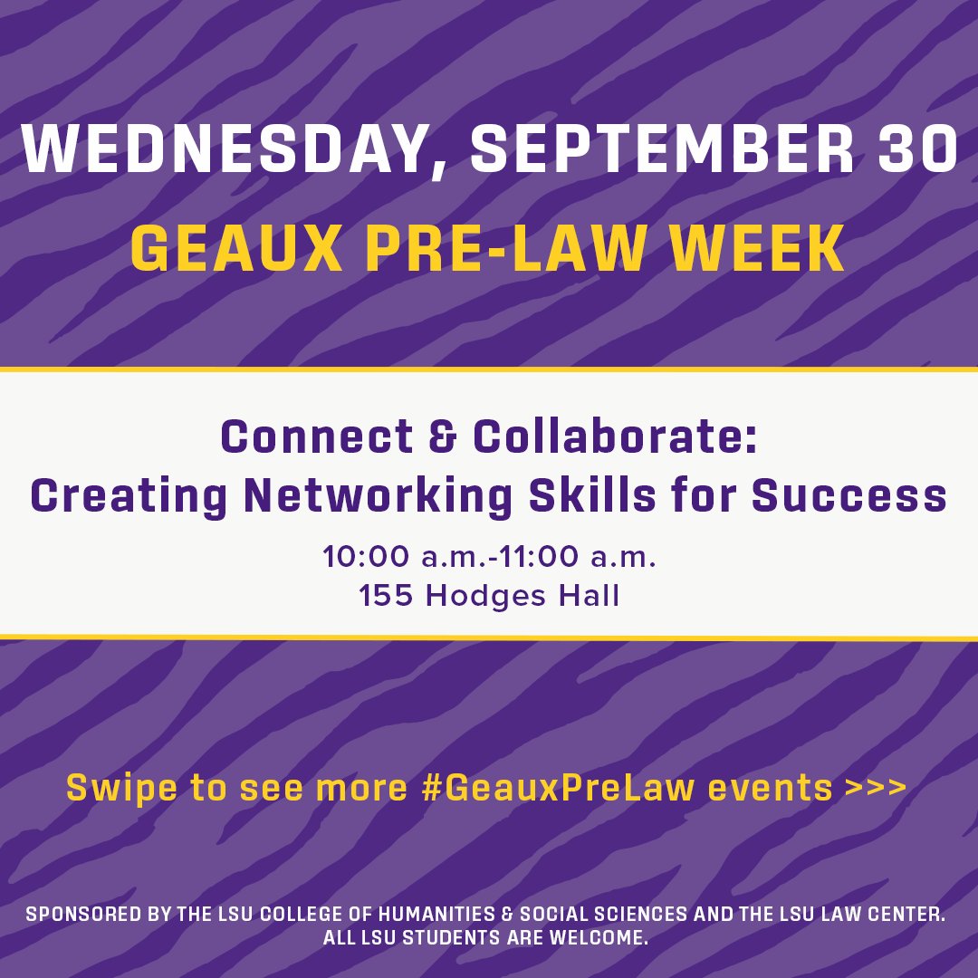 LSUHSS's tweet photo. ⭐ TOMORROW is day 3 of #GeauxPreLaw Week ⭐

Connect &amp; Collaborate: Creating Networking Skills for Success | 10:00 a.m.-11:00 a.m.
Louisiana First Circuit Court of Appeal Visit with Judge Chris Hester | 12:00 p.m.-4:00 p.m.

Visit https://t.co/o0wOd2G096 for more information. https://t.co/6vfIxyksv0