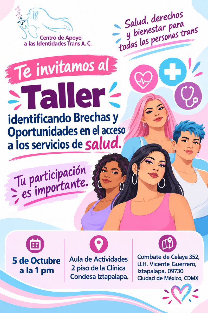 CentroTrans's tweet photo. Taller identificando Brechas y Oportunidades en el acceso a los servicios de salud. 5 Octubre en el Aula de Actividades 2 Piso de la Clínica Condesa Iztapalapa, Combate de Celaya 352, U.H. Vicente Guerrero, Iztapalapa, 09730 Ciudad de México, CDMX. https://t.co/2gq6uoLLuY