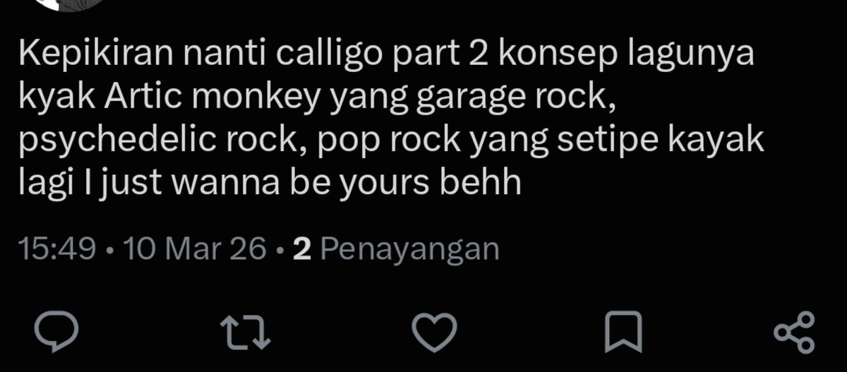 quasong's tweet photo. sumpah ternyata aku pernah nebak lagu calligo part 2 itu genre nya bakal rock ternyata beneran rock 😭 meskipun gak mirip sama I just wanna be yours sih tapi hdjdhd kaget https://t.co/rtxZRU2HYX