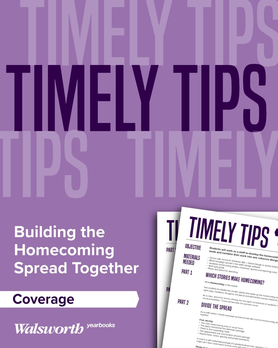 yearbookforever's tweet photo. The latest Timely Tips lesson shows staffs how to transform homecoming coverage into a cohesive storytelling package. Itβs teamwork, storytelling and design all in one lesson. Check it out now using the link in bio.
#Walsworth #Yearbooks https://t.co/9eJpMWZRi9