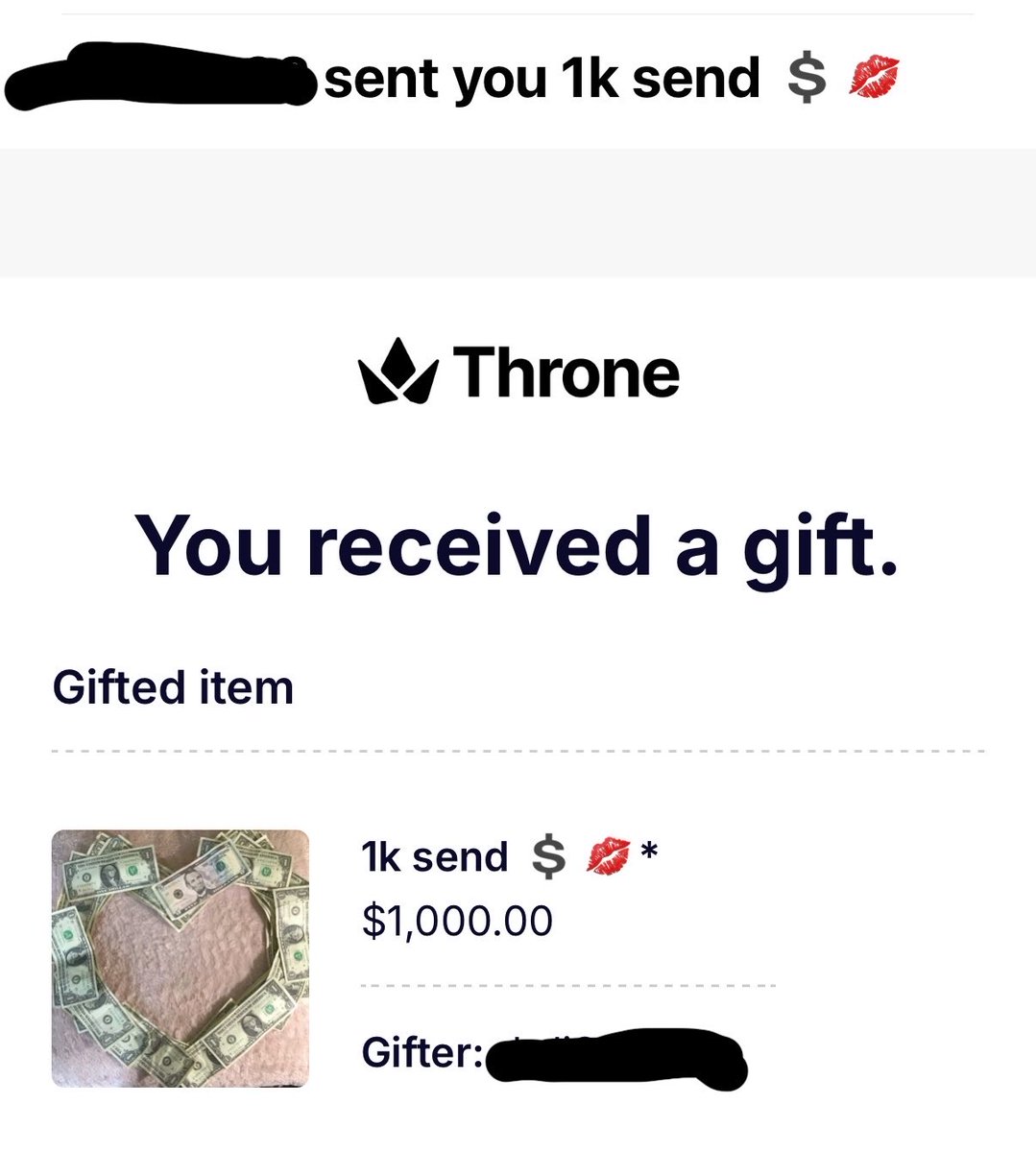 goddessmotel's tweet photo. FINALLY! I have received my first 1k send on throne 👏 boys this is how u do it! https://t.co/J7MpNDbl73
