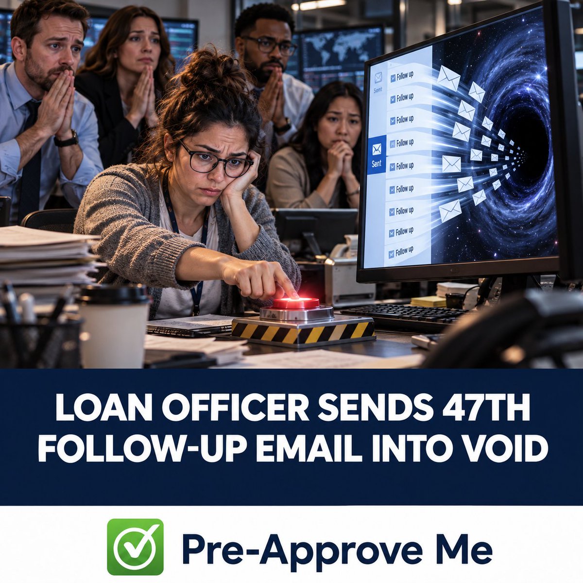 PreApproveMeApp's tweet photo. BREAKING: A loan officer sent his 47th follow-up email into the void today. Sources confirm the CRM marked the campaign 'delivered,' which everyone agreed was basically the same as having a relationship. Communication is not engagement. #MortgageHumor #PreApproveMe https://t.co/QssFv1dBVp