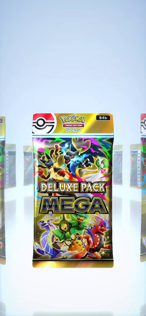 A "Pokémon Trading Card Game Pocket Deluxe Pack MEGA" booster pack (B4b) is displayed, featuring artwork of Lucario, Megas, and other Pokémon. The image aligns with the promotion for the new #DeluxePackMega expansion, which offers a guaranteed Pokémon ex in every pack to finish your B Series collection.
