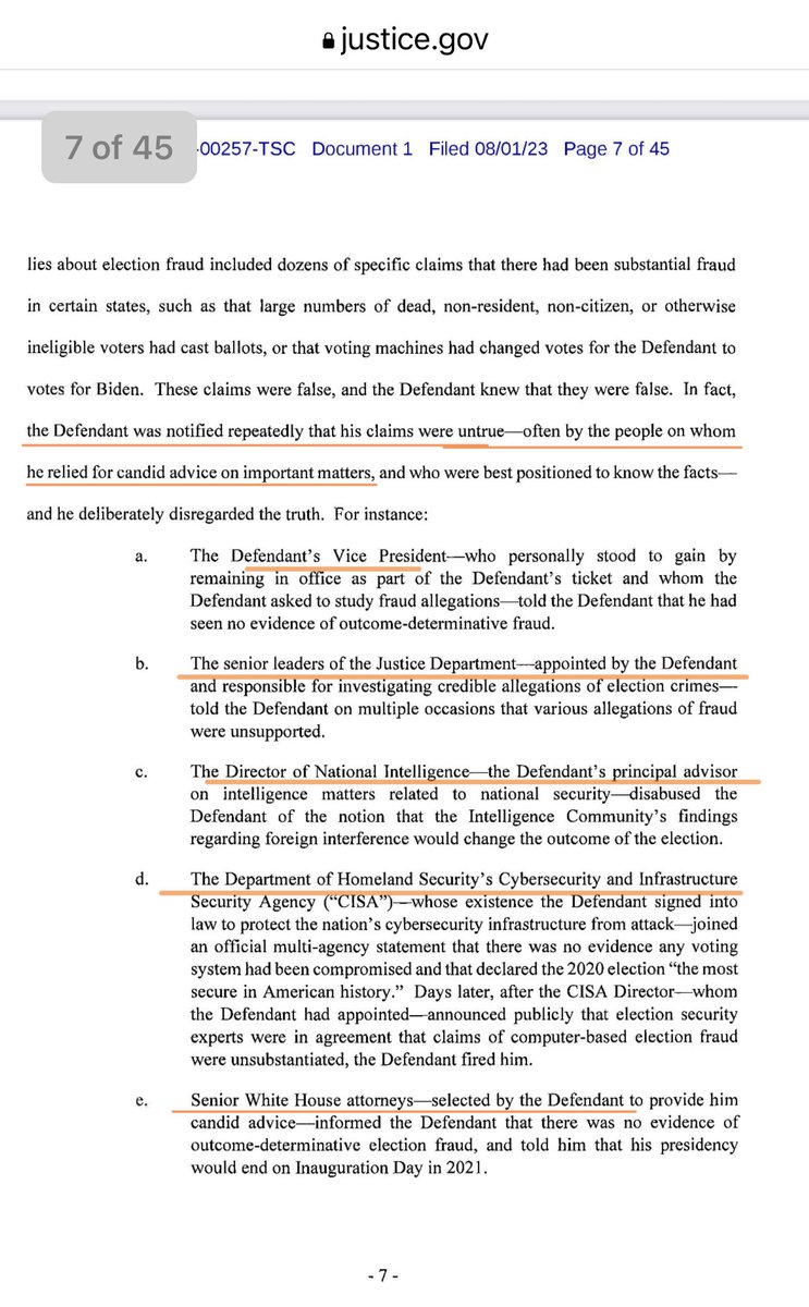 K_the_2nd's tweet photo. Hey speaking of transparency, here’s the election interference indictment against Trump. This is just one of 45 pages, listing some of the 86 republicans on trump’s own staff who have testified on record that he knows he lost the 2020 election.

The list includes his own VP, his justice department, his director of national intelligence, his handpicked senior White House attorneys, and in particular: 

“Department of Homeland Security's Cybersecurity and Infrastructure Security Agency ("CISA") -whose existence the Defendant signed into law to protect the nation's cybersecurity infrastructure from attack-joined an official multi-agency statement that there was no evidence any voting system had been compromised and that declared the 2020 election "the most secure in American history." “

https://t.co/80shCZs5TW