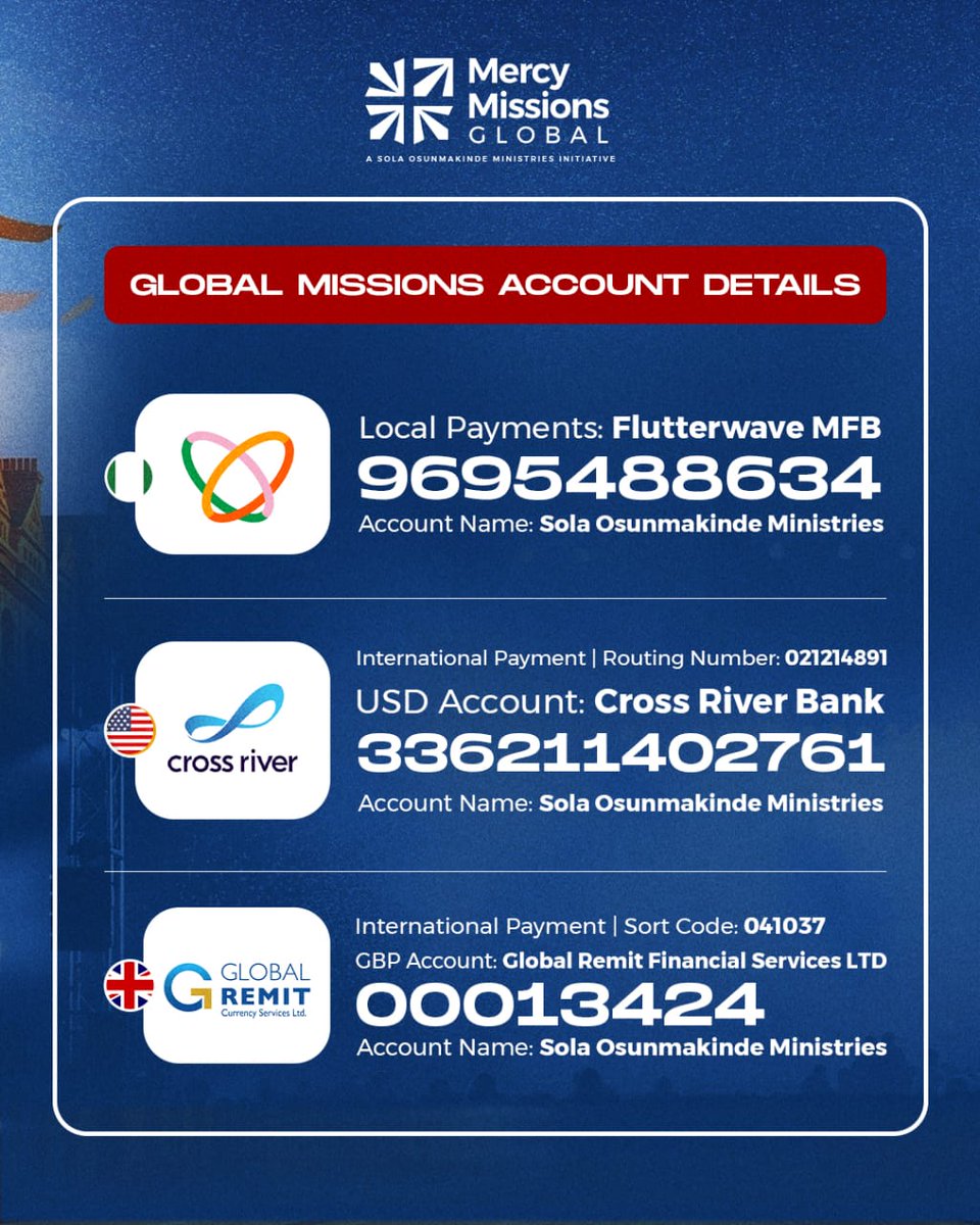 mercymissionsgl's tweet photo. Mercy Missions Global is gearing up for upcoming programmes, including MERCY EXPERIENCE MANCHESTER, and we'd love for you to partner with us in this work.

If you'd like to sow into the mission, here are the details: https://t.co/vkAEydTTtE