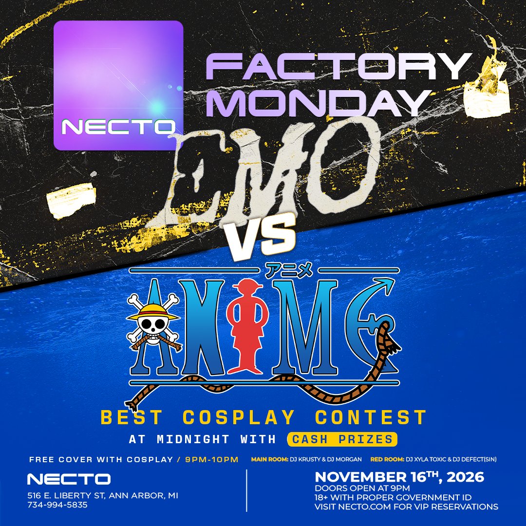 FactoryAtNecto's tweet photo. This November, Factory Monday’s Emo vs. Anime night returns!

Set sail to the club for a mix of emo hits and unforgettable anime openings.

Get in free until 10PM if you come in cosplay! https://t.co/lcc4PiFbe0