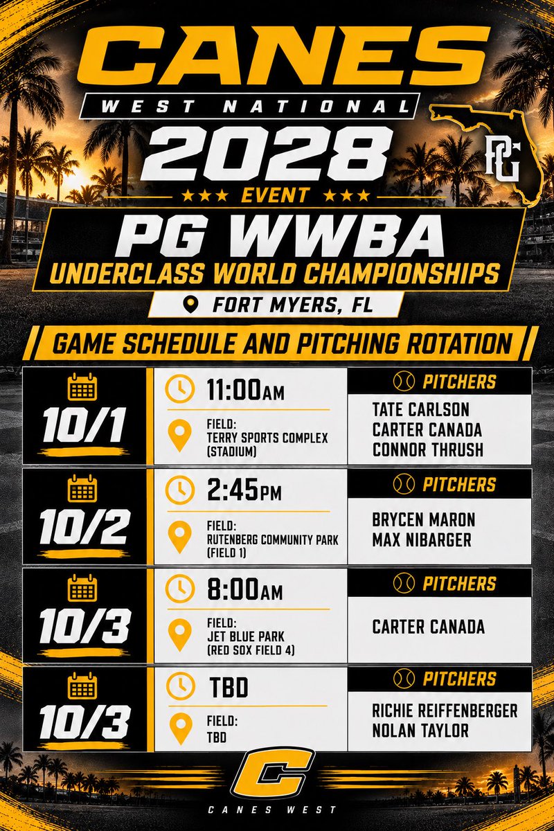 TheCanesBBWest's tweet photo. Canes West National 2028 is back in action this week at WWBA Underclass in Fort Myers, FL. Schedule and Pitching Rotation Below. DM for Roster https://t.co/OkAdDoq3pP