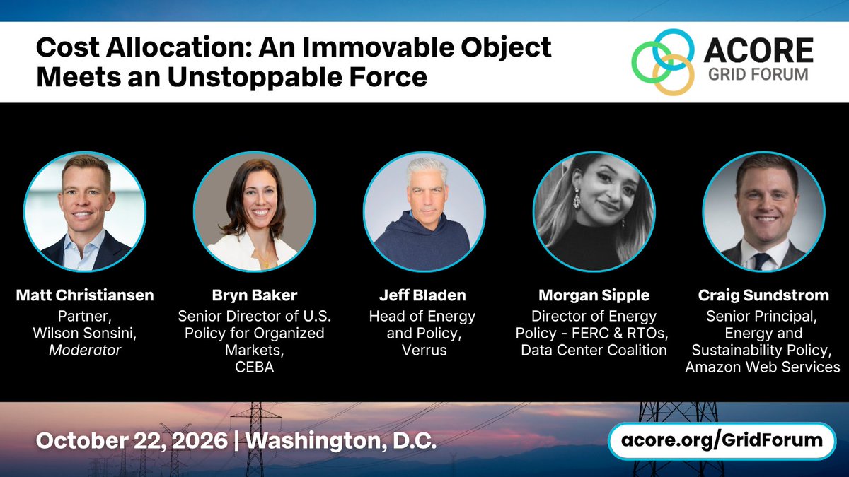 ACORE's tweet photo. Who pays as large loads reshape the grid? ⚡At #ACOREGridForum, leaders from @awscloud, @wilsonsonsini, @CEBAPower, @DCC_org &amp; Verrus will tackle the cost allocation challenges shaping the grid’s future. ➡️https://t.co/npo42Dmimo https://t.co/sTfqvWtk4R