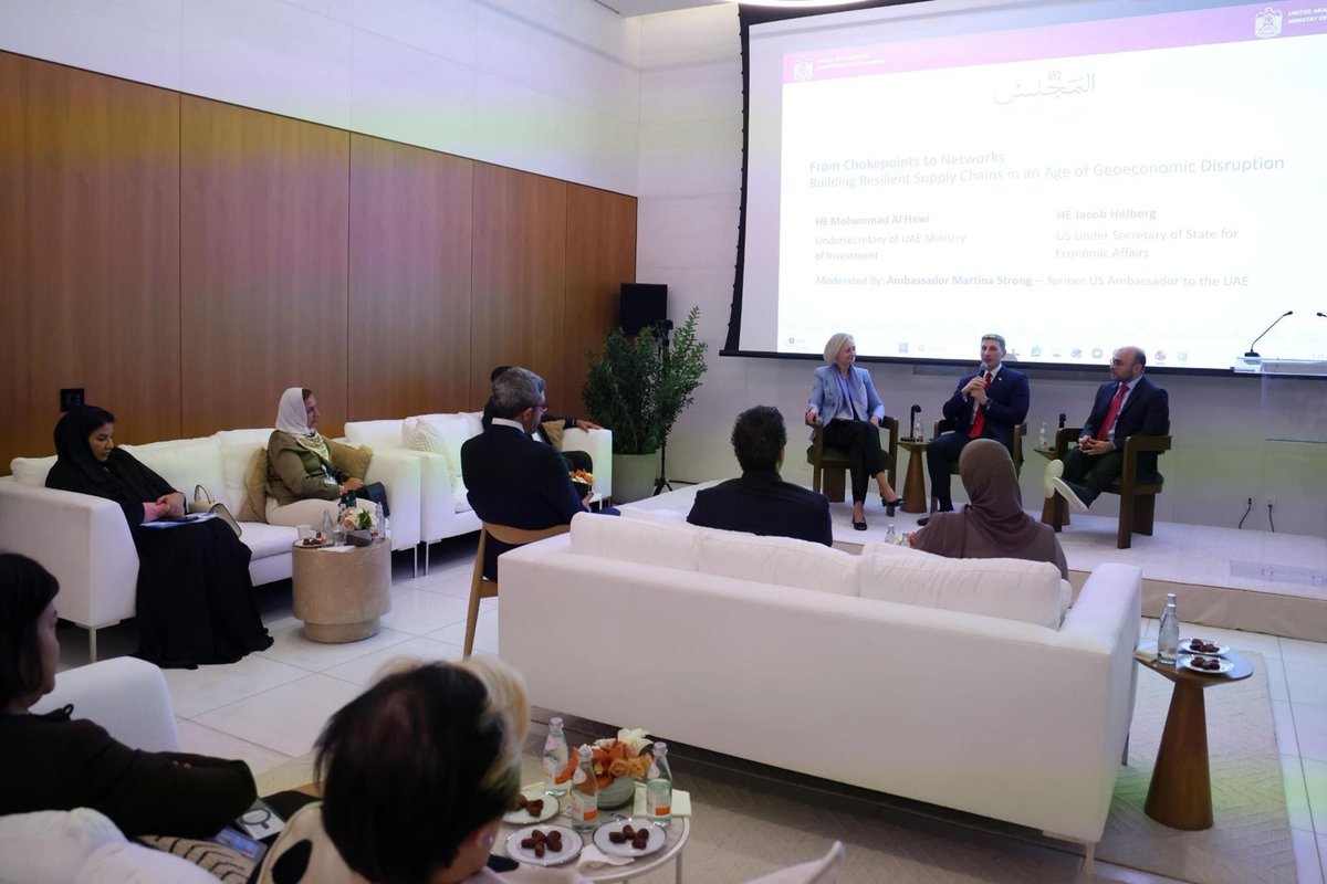 UAEMissionToUN's tweet photo. During #UNGA81, the Ministry of Foreign Affairs together with the Ministry of Investment organized the inaugural “UAE Majlis Investment Council.” The event brought together a distinguished group of senior officials, global decisionmakers, prominent investors, business leaders, and thought leaders for a high-level dialogue on emerging economic issues and strategic investment priorities, while exploring future prospects for economic and investment cooperation. 
                                                                           
The first edition of the Council was held under the theme “Resilient Supply Chains and Smart Logistics.”

#UAExUNGA81