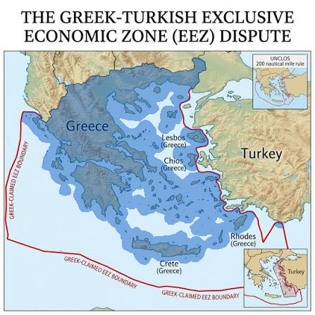 1Demgrec's tweet photo. This is what the Greek Maritime border looks in contrast to the 12nm. Greece doesn't extend to 12nm where it cannot, it doesn't go against anybody's territory. 
🟦 Greek 12nm
🟥Greek Maritime Border https://t.co/DhYKL2xf5D